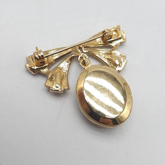 Vintage Gold Tone Brooch Pin Locket With Faux Pearls Pink Rhinestones - Picture 4 of 5